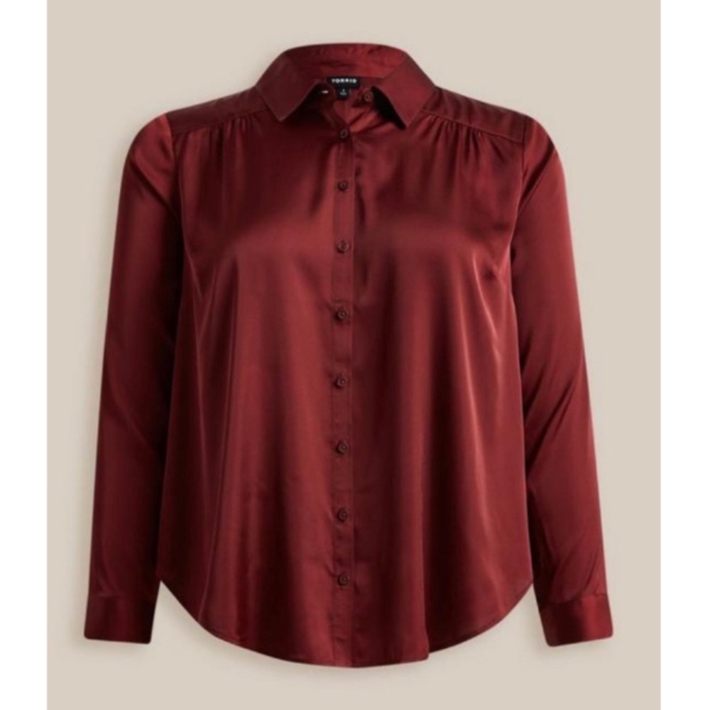 Torrid Maroon Madison Satin Button-Up Long Sleeve Shirt Size 1 (14/16) - Picture 4 of 7